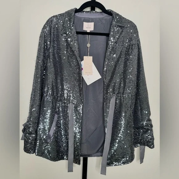 Cinq à Sept Mathieu Ribbon Detail Sequin Jacket -Shimmering Elegance in Gunmetal - Picture 3 of 10